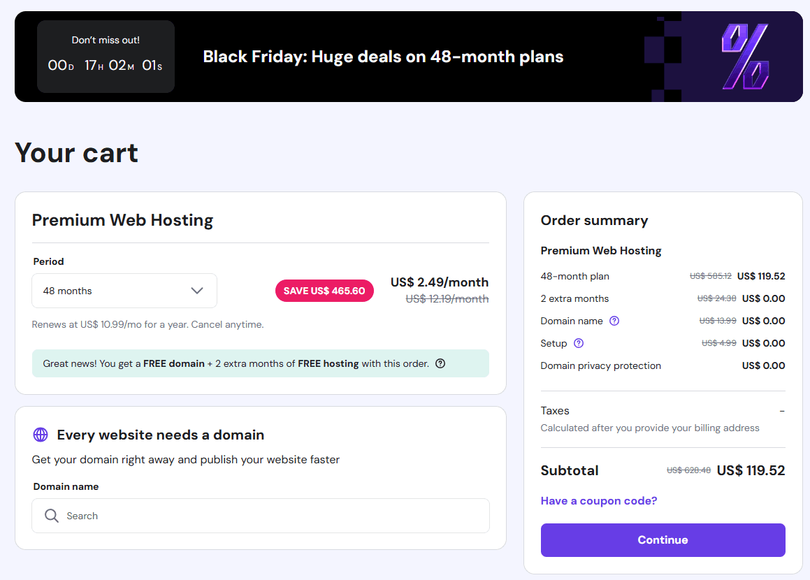 Hostinger checkout – transparent pricing